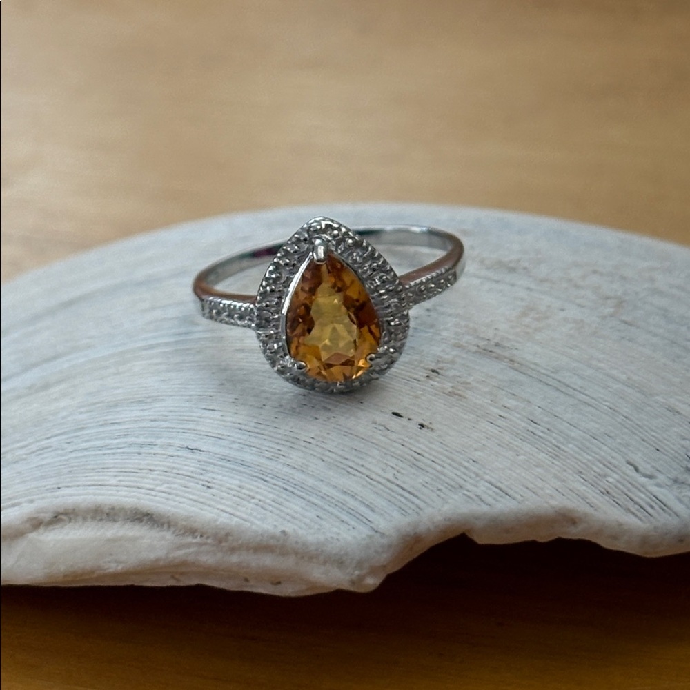 Pear Cut 1.40 ct Natural Citrine & Diamond Accent Halo Sterling Ring Size 7 - Picture 14 of 17